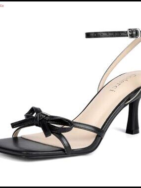 Kitten Heels with Bow Strappy Women's Heeled Sandals Square Toe